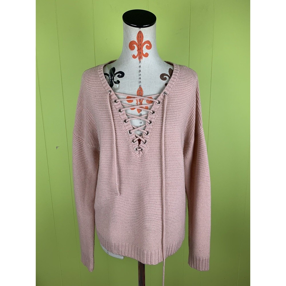 Charlotte Russe Womens L Sweater dusty pink V-Neck Long Sleeve Knit Drawstring